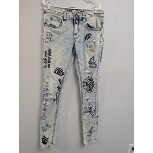 X2 Rogue Jeans Men 32x34 Blue Acid Wash Graffiti Zip Stretch‎ Denim